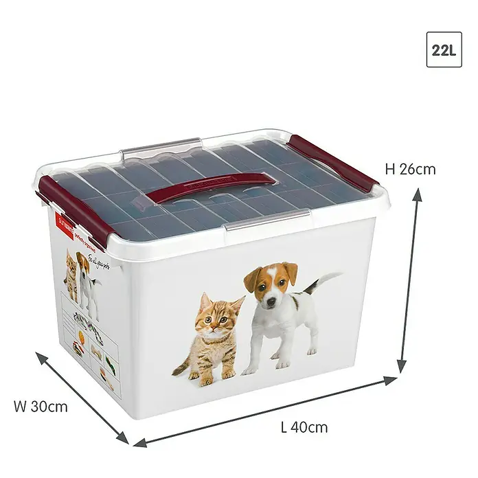 Sunware Aufbewahrungsbox Q-Line - L x B x H: 40 x 30 x 26 cm, Kunststoff, Mehrfarbig - Produktbild einer weißen 22L Sunware Aufbewahrungsbox für Haustiere mit transparentem Deckel und den Maßen H 26cm, B 30cm, L 40cm.