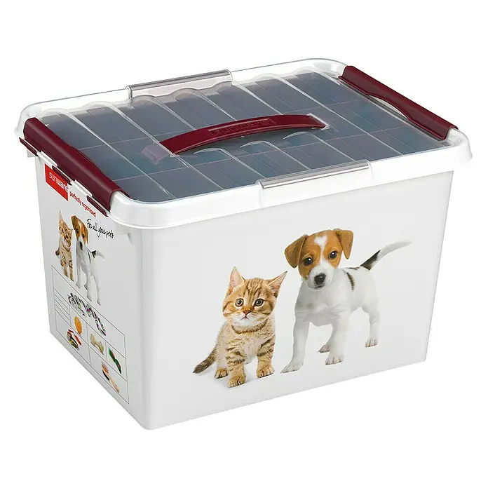 Sunware Aufbewahrungsbox Q-Line - L x B x H: 40 x 30 x 26 cm, Kunststoff, Mehrfarbig - Aufbewahrungsbox für Haustiere mit Deckel und Bildern von Katzen und Hunden, ideal für die Aufbewahrung von Spielzeug und Zubehör.