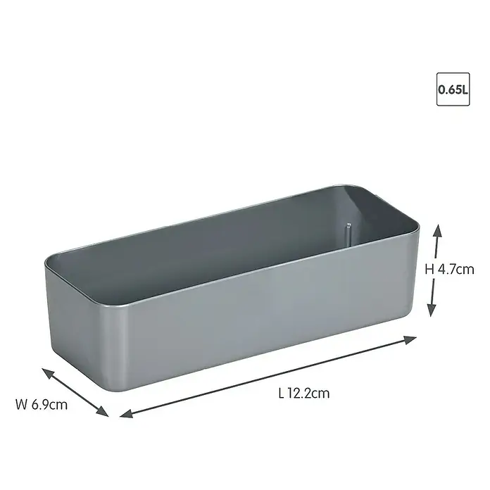 Sunware Aufbewahrungsbox Q-Line Basket - L x B x H: 18,2 x 7 x 4,8 cm, Kunststoff, Metallfarbig - Grauer rechteckiger 0,65L Behälter, ideal für die Organisation. Abmessungen: Länge 12.2cm, Breite 6.9cm, Höhe 4.7cm.