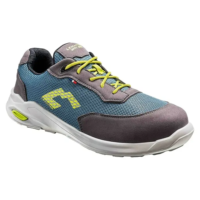 Lemaitre Zapato bajo de seguridad Eden - 44, Clase de protección según EN ISO 20345: S3, Azul/Negro/Verde - Zapato de seguridad azul Lemaitre con cordones amarillos, perfecto para un trabajo seguro y cómodo.