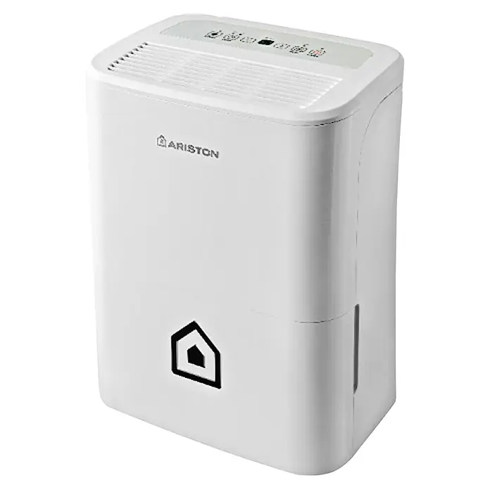 Ariston Deshumidificador eléctrico DEOS 16S NET - 330 W, Potencia de deshumidificación: 16 l/día, L x An x Al: 24,5 x 35 x 51 cm, Blanco - Imagen de un deshumidificador Ariston blanco para un clima ambiental agradable.