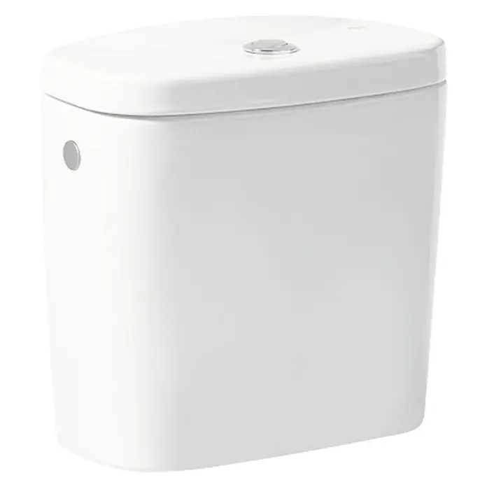Roca Mitos Cisterna de superficie - Blanco - Primer plano de un tanque de inodoro con un acabado blanco y un botón plateado en la parte superior.