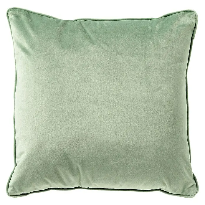 Kissen Anelie - Cameo Green, 45 x 45 cm, 100 % Polyester - Nahaufnahme eines quadratischen, mintgrünen Samtkissens mit Paspelierung. Ideal für die Dekoration Ihres Wohnraums mit Komfort und Stil.