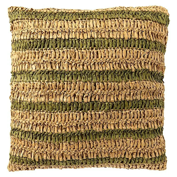 Kissen Felix - Olive Branch, 65 % Baumwolle, 35 % Raffia-Papier - Quadratisches Zierkissen mit raffiniertem Streifenmuster in Braun- und Grüntönen, ideal für eine stilvolle Dekoration.