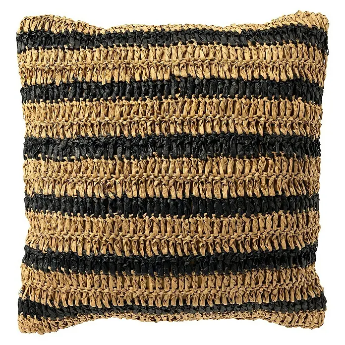 Kissen Felix - Raven, 65 % Baumwolle, 35 % Raffia-Papier - Dekoratives Kissen mit einem Muster aus braunen und schwarzen Streifen, ideal für die Couch oder das Bett.