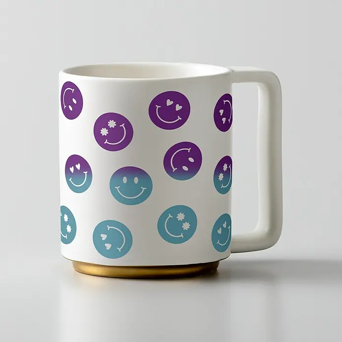 Cricut Vinylfolie Color Change Hot Permanent - 1 Stk., Lila/Türkis, 30 x 60 cm - Weiße Kaffeetasse mit lila und blauen Smiley-Gesichtern und einem goldenen Sockel. Ideal für den täglichen Gebrauch und verleiht Ihrem Morgen etwas Freude.