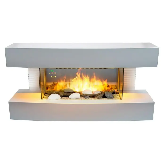Chimenea eléctrica Toronto - Blanco, 2.000 W, 22 x 81,2 x 41 cm - Elegante chimenea eléctrica blanca con llamas simuladas y piedras decorativas, creando un ambiente acogedor.