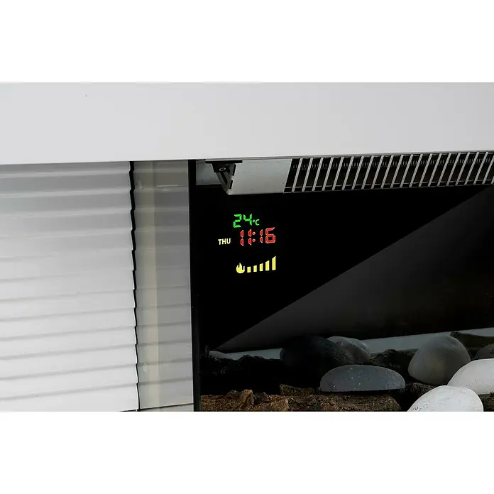 Chimenea eléctrica Toronto - Blanco, 2.000 W, 22 x 81,2 x 41 cm - Primer plano de una chimenea con pantalla digital que muestra la temperatura y la hora, rodeada de piedras decorativas y madera.
