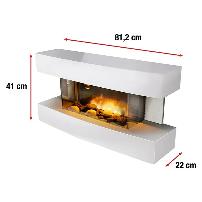 Chimenea eléctrica Toronto - Blanco, 2.000 W, 22 x 81,2 x 41 cm - Imagen de una chimenea eléctrica blanca moderna con dimensiones de altura, anchura y profundidad.