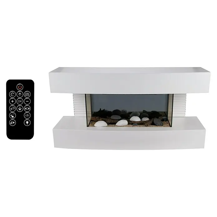 Chimenea eléctrica Toronto - Blanco, 2.000 W, 22 x 81,2 x 41 cm - Imagen de una chimenea blanca moderna con piedras decorativas y un mando a distancia para gestionar sus funciones.