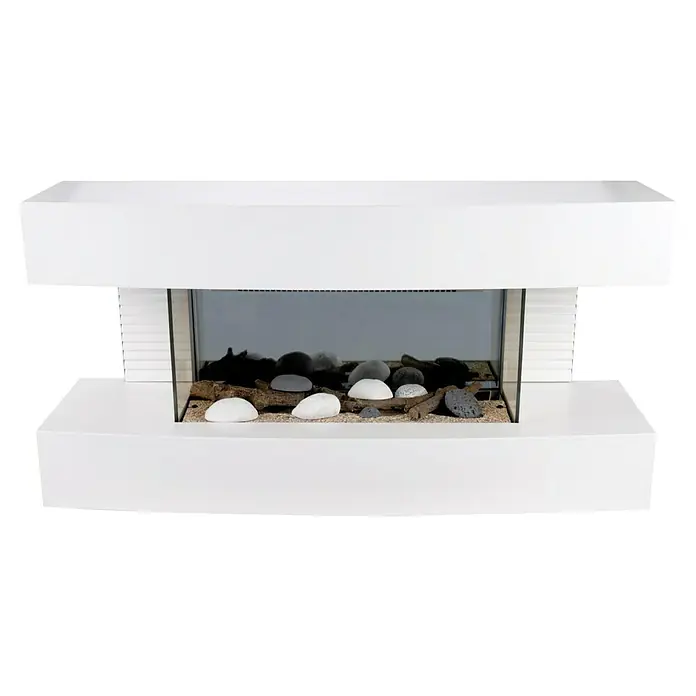 Chimenea eléctrica Toronto - Blanco, 2.000 W, 22 x 81,2 x 41 cm - Elegante modelo de chimenea blanco moderno con piedras decorativas y piezas de madera, aportando calidez y estilo a cualquier espacio.