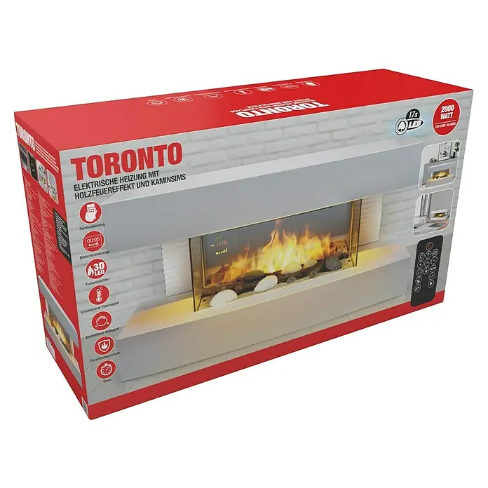 Chimenea eléctrica Toronto - Blanco, 2.000 W, 22 x 81,2 x 41 cm - Embalaje del producto para una chimenea eléctrica Toronto con efecto de llama 3D, control remoto y termostato ajustable.