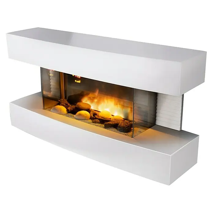 Chimenea eléctrica Toronto - Blanco, 2.000 W, 22 x 81,2 x 41 cm - Imagen de una chimenea moderna blanca con llamas realistas y piedras decorativas, ideal para un ambiente elegante.