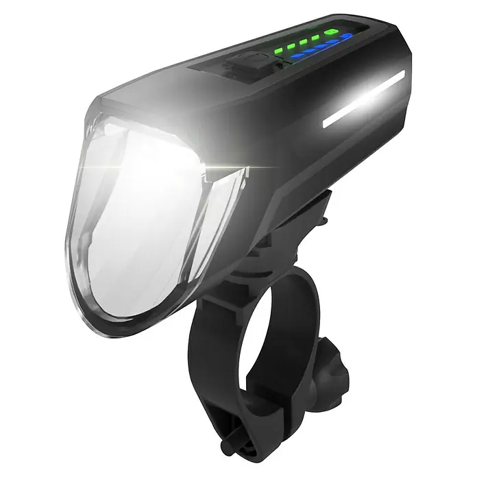 Fischer Fahrradbeleuchtungs-Set - LED, Schwarz, Beleuchtungsstärke: 110 lx, Lenkerhalter mit Schnellbefestigung (Frontlicht) - Bild einer hell leuchtenden Fahrradlampe. Die Lampe ist schwarz und hat eine Halterung zur Befestigung am Fahrradlenker.