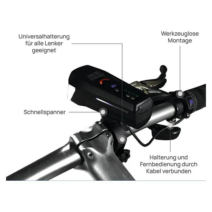 Fischer Fahrradbeleuchtungs-Set - LED, Schwarz, Beleuchtungsstärke: 100 lx - Draufsicht auf eine Universalhalterung für alle Lenker geeignet, mit Schnellspanner und werkzeugloser Montage. Die Halterung und Fernbedienung sind per Kabel verbunden.