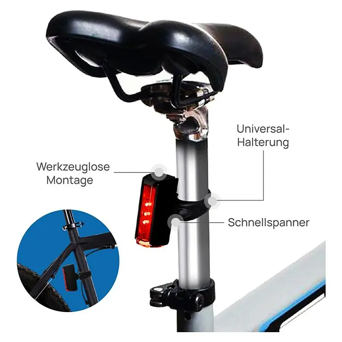 Fischer Fahrradbeleuchtungs-Set Twin Stop - LED, Schwarz - Nahaufnahme einer Fahrradrückleuchte, befestigt an einer Sattelstütze mit werkzeugloser Montage und Schnellspanner.