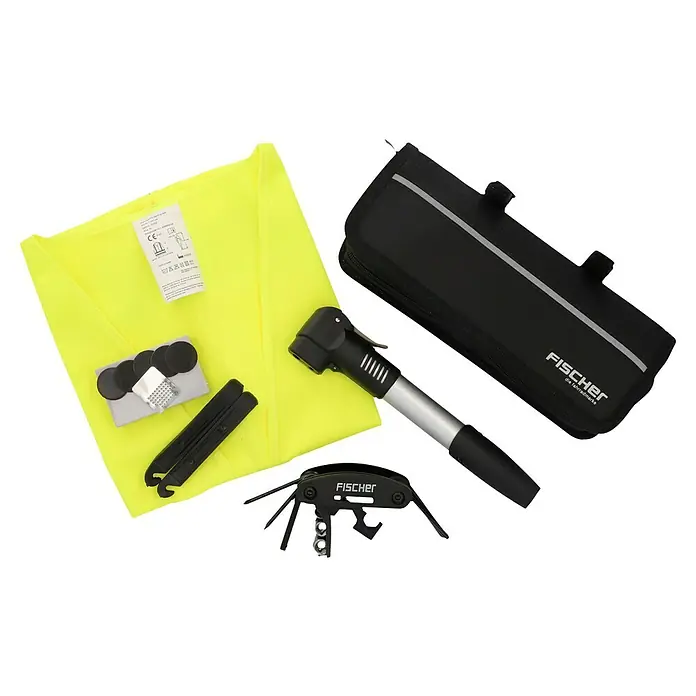 Fischer Fahrrad-Flickzeug - Gesamtumfang: 7 -tlg. - Ein Fahrradreparaturset mit gelber Weste, Pumpe, Reifenheber, Flickzeug, Werkzeug und einer schwarzen Tasche.