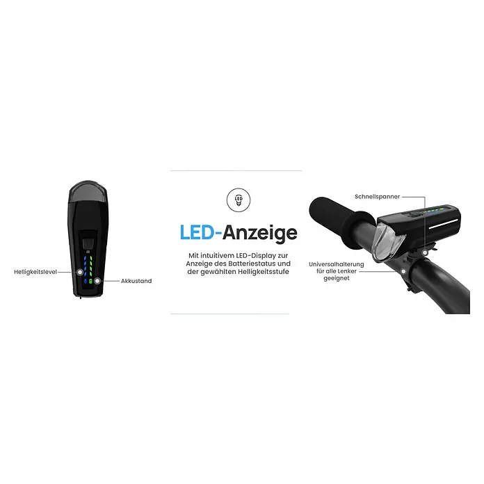 Fischer Fahrradbeleuchtungs-Set - LED, Schwarz, Beleuchtungsstärke: 110 lx, Lenkerhalter mit Schnellbefestigung (Frontlicht) - Produktbild einer LED-Anzeige mit Helligkeitslevel, Akkustand und Schnellspanner für die Universalhalterung am Lenker.
