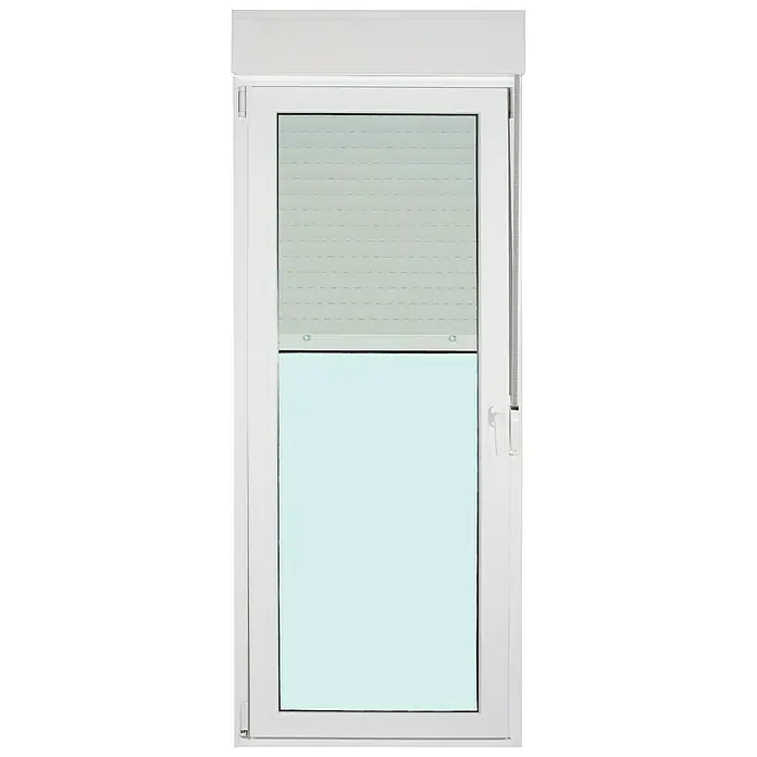 Solid Elements Balconera practicable de PVC - 90 x 218 cm, Izquierda, Blanco, Con persiana - Ventana blanca con persiana enrollable para protección térmica, frío y ruido. La ventana es de plástico blanco y tiene una manija para abrir y cerrar.