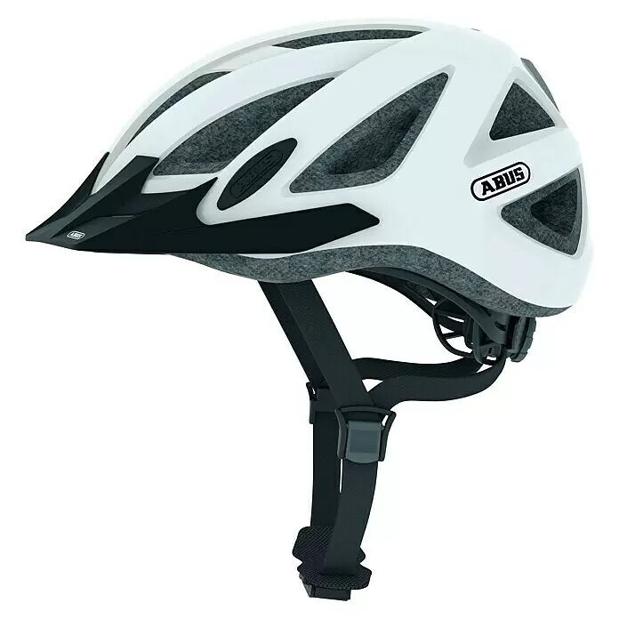 Abus Fahrradhelm City Pro - M 52 - 58 cm, Weiß/Schwarz - Weißer und schwarzer ABUS Fahrradhelm mit Visier und sichtbarer grauer Polsterung, ausgestattet mit verstellbarem Kinnriemen.