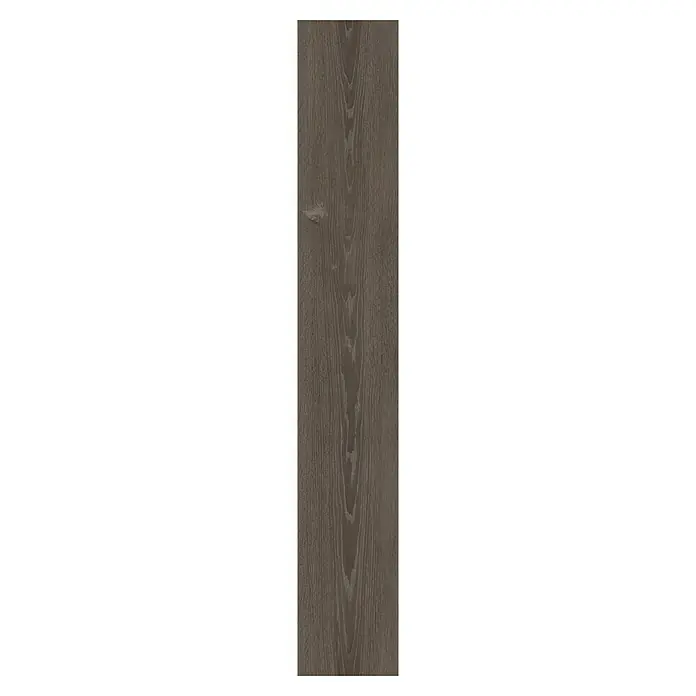 LOGOCLIC Laminado Roble Comarea - 1.200 x 196 x 8 mm, Roble Comarea, AC5 - Primer plano de una tabla de madera marrón oscuro con grano visible, ideal para pisos.