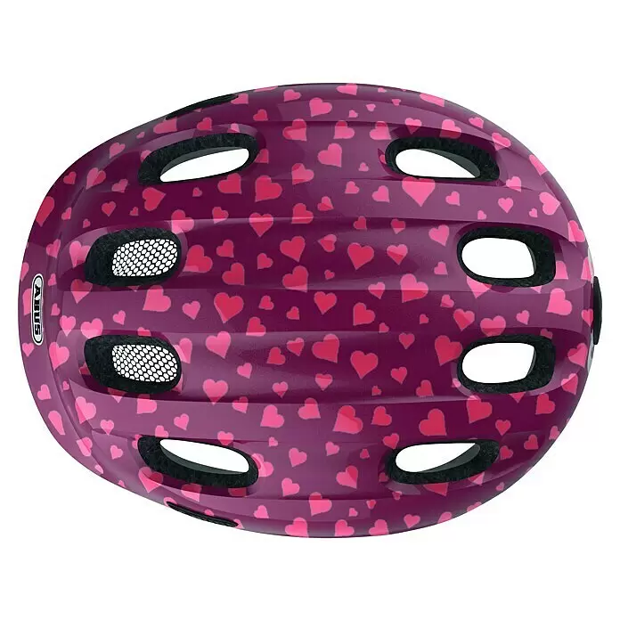 Abus Fahrradhelm Kids Pro - M, Weinrot/Pink - Lila Helm mit rosa Herzmuster, schwarzen Belüftungsgittern und ABUS-Logo.