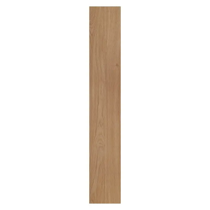 LOGOCLIC Laminado Roble Provenza - 1.200 x 196 x 8 mm, Roble Provenza, AC5 - Un panel rectangular individual con un patrón de grano de madera marrón claro, ideal para la construcción de muebles y el diseño de interiores.