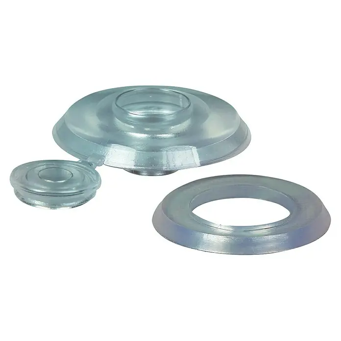 Fijación de placas planas - Material: PVC, Específico para: Policarbonato, 50 ud. - La imagen muestra un conjunto de piezas de plástico transparente, posiblemente para uso médico, sobre un fondo negro.