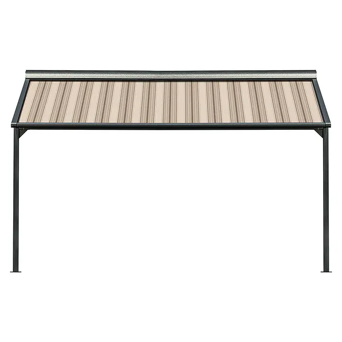 Solid Elements Pergolamarkise Schattino-S 320715 - Breite: 4,5 m, Ausfall: 2 m - Eine stilvolle Terrassenüberdachung mit beigem Lamellendach und dunklem Rahmen, die Schatten und Schutz bietet. Ideal für den Außenbereich.
