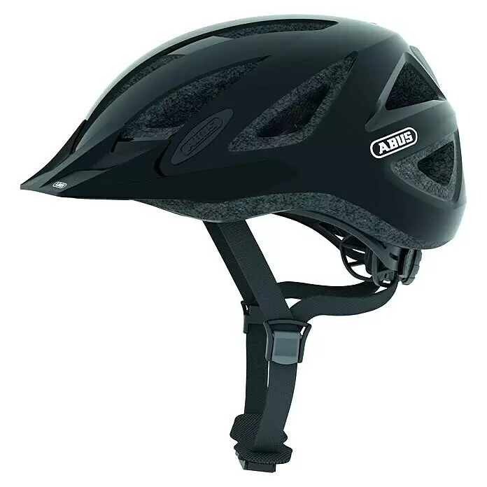 Abus Fahrradhelm City Pro - M 52 - 58 cm, Schwarz - Schwarzer Fahrradhelm mit Visier und verstellbaren Riemen, versehen mit auffälligen ABUS-Logos.