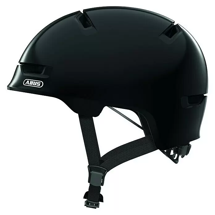 Abus Fahrradhelm Youth - S, Schwarz, Geeignet für: Kinder - Schwarzer glänzender Fahrradhelm mit Lüftungsöffnungen und ABUS-Logo vorne, mit schwarzen verstellbaren Riemen.