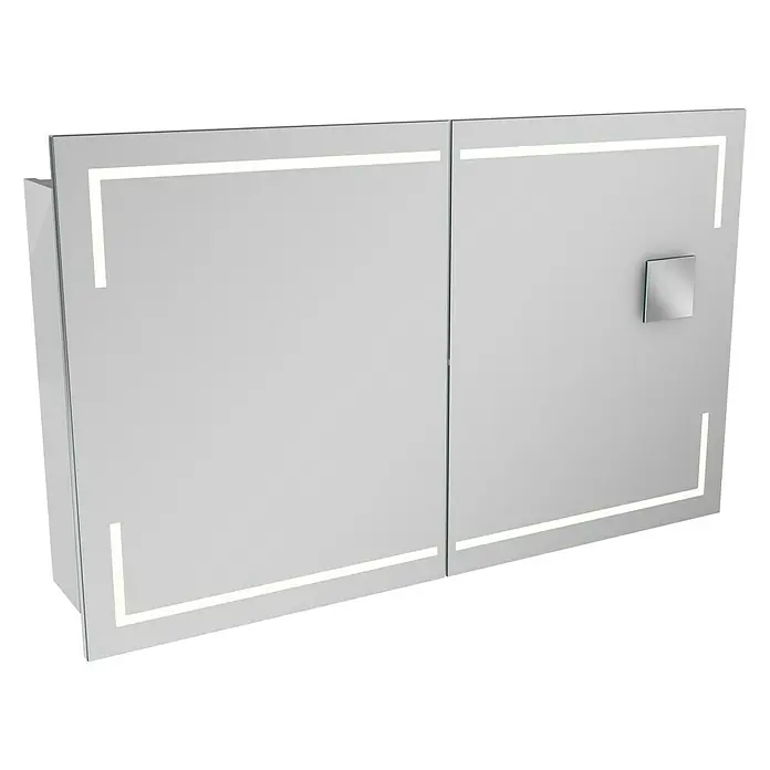 Lanzet K5 Badmöbel-Set K51W2 - 117,9 cm, Weiß - Silberner Spiegelschrank mit rechteckiger LED-Umrandung und quadratischem Griff. Praktisches und stilvolles Badmöbel.