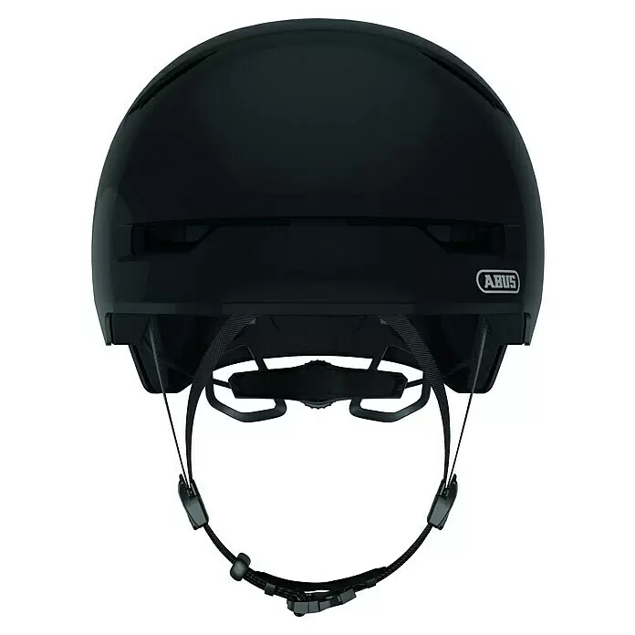 Abus Fahrradhelm Youth - S, Schwarz, Geeignet für: Kinder - Ein schwarzer, glänzender Fahrradhelm mit schwarzen Riemen und Verstellsystem, von hinten gesehen.