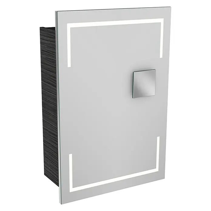 Camargue Stella LED-SpiegelschrankB x H: 51 x 73,7 cm, Holz, Dark Oak, DIN Anschlag: Rechts, Kantenausführung Tür: Eckig - Nahaufnahme eines beleuchteten Spiegelschranks mit einem quadratischen Griff und einem Holzrahmen.