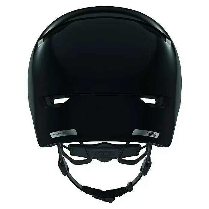 Abus Fahrradhelm Youth - S, Schwarz, Geeignet für: Kinder - Schwarzer Fahrradhelm, Rückansicht, mit verstellbaren Riemen und ABUS-Logo.