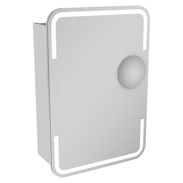 Camargue Stella LED-Spiegelschrank - B x H: 51 x 73,7 cm, Holz, Weiß, DIN Anschlag: Rechts, Kantenausführung Tür: Abgerundet - Bild eines beleuchteten Spiegelschranks mit abgerundeten Ecken und einem runden Griff.