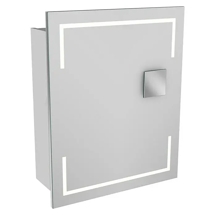 Lanzet K1 Badmöbel-Set K16W2L - Gesamtbreite Badmöbel: 59,2 cm, Weiß, Glänzend, DIN Anschlag: Links - Ein moderner Spiegelschrank mit integrierter Beleuchtung und einem quadratischen Griff, ideal für Badezimmer.