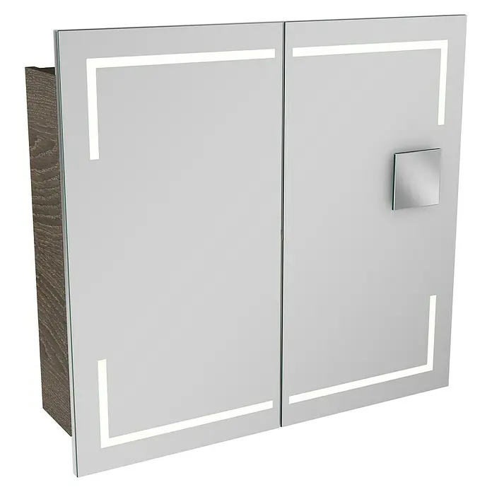 Camargue Stella LED-Spiegelschrank - B x H: 80 x 73,7 cm, Holz, Eiche Maron, Mit Beleuchtung, Kantenausführung Tür: Eckig - Ein moderner Spiegelschrank mit LED-Beleuchtung und einem schlichten, quadratischen Griff für das Badezimmer.