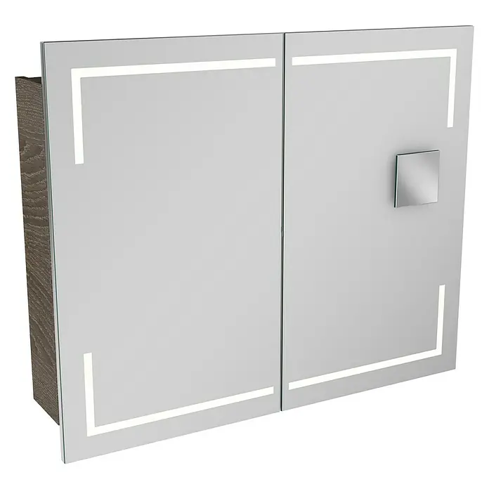 Lanzet K5 Badmöbel-Set K59E2 - 87,9 cm, Eiche Maron - Bild eines Spiegelschranks mit LED-Beleuchtung und Holzstruktur. Elegantes Design für moderne Badezimmer, das Funktionalität und Stil vereint.