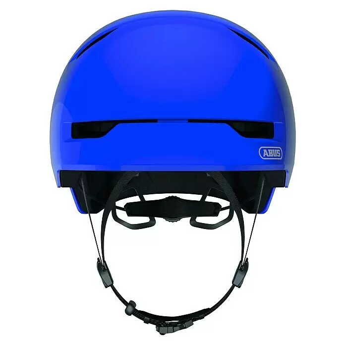 Abus Fahrradhelm Youth - M 54 - 58 cm, Blau, Geeignet für: Kinder - Glänzender leuchtend blauer Fahrradhelm mit schwarzen Belüftungsschlitzen, ABUS-Logo und schwarzen Riemen.