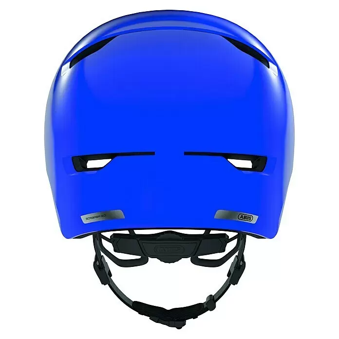 Abus Fahrradhelm Youth - M 54 - 58 cm, Blau, Geeignet für: Kinder - Rückansicht eines glänzenden blauen ABUS Scraper 3.0 Fahrradhelms mit Lüftungsschlitzen und dunklen Riemen.