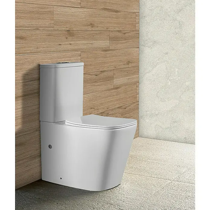 Pack de WC Ronda - Sin borde de descarga, Salida dual, Blanco - Primer plano de un inodoro blanco moderno con cisterna en un baño con pared de madera y piedra.
