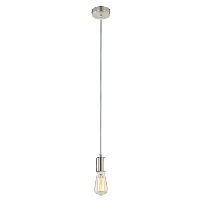 Globo Lámpara colgante redonda - 60 W, Ø x Al: 10 x 140 cm, Gris, E27 - Primer plano de una sola lámpara colgante con bombilla Edison y herrajes de níquel cepillado.