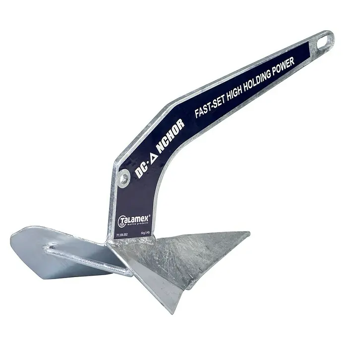 Talamex Pflugscharanker - 10,64 kg, Stahl, Passend für: Boote bis 12 m - Nahaufnahme eines silbernen DC-Ankers von Talamex mit hoher Haltekraft, ideal für die Schifffahrt.