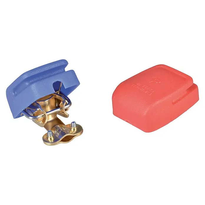 Talamex Batterieklemmen Quick Connect - 1 Stk. - Batterieklemmen: Eine blaue und eine rote Batterieklemme für eine sichere und farbcodierte Verbindung im Auto.