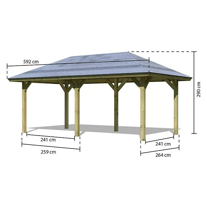 Karibu Pavillon Bergen 2 - 592 x 338 cm, Schiefergrau, Natur - Abbildung eines Gartenpavillons mit Maßangaben.