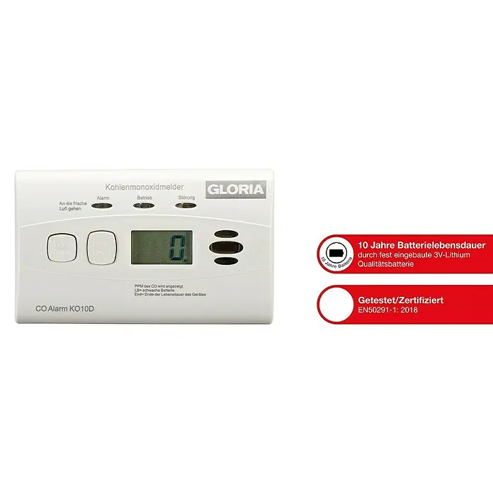 Gloria Kohlenmonoxidmelder KO10D - L x B x H: 116 x 72 x 40 mm, Batterielaufzeit: 10 Jahre - Kohlenmonoxidmelder von Gloria. Zuverlässiger Schutz vor Kohlenmonoxid, mit 10 Jahren Batterielebensdauer und Zertifizierung nach EN50291-1:2018.