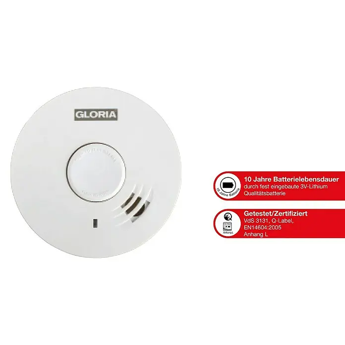 Gloria Rauchwarnmelder R-10 - Durchmesser: 104 mm, Batterielaufzeit: 10 Jahre, Alarmsignal: 85 dB - Das Bild zeigt einen Gloria Rauchmelder mit 10 Jahren Batterielebensdauer, zertifiziert nach VdS 3131 und EN14604:2005.