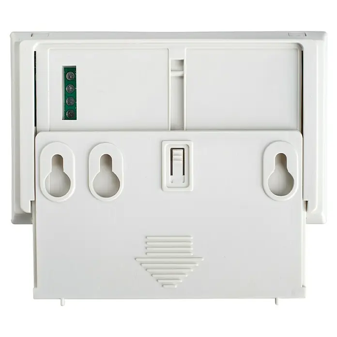 Gloria Kohlenmonoxidmelder KO10D - L x B x H: 116 x 72 x 40 mm, Batterielaufzeit: 10 Jahre - Eine Nahaufnahme einer weißen Elektronikbox mit mehreren Schrauben und einer abnehmbaren Abdeckung mit Pfeilmarkierungen.