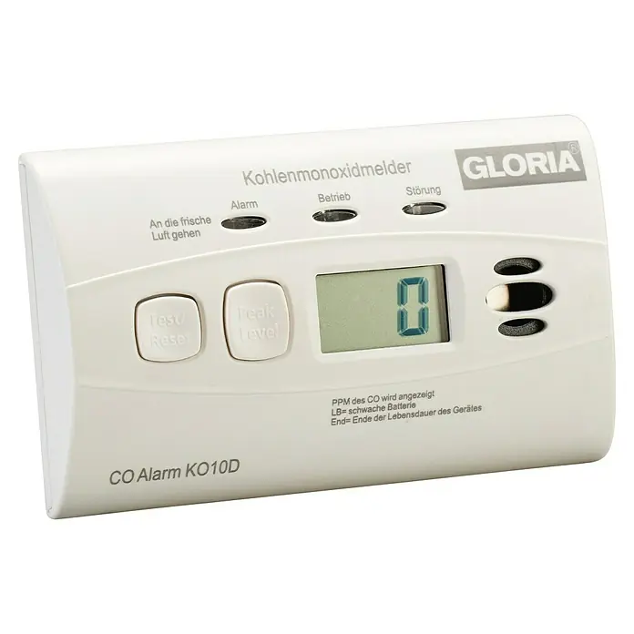 Gloria Kohlenmonoxidmelder KO10D - L x B x H: 116 x 72 x 40 mm, Batterielaufzeit: 10 Jahre - Kohlenmonoxidmelder der Marke Gloria, Modell KO10D. Der Melder ist weiß und zeigt einen Wert von 0 PPM an.